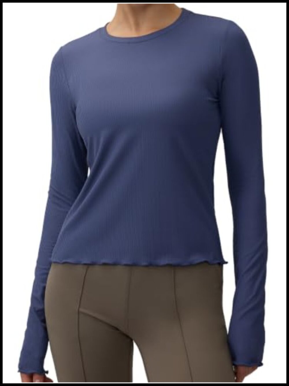 Ribbed Long Sleeve Crop Top Scalloped Hem Yoga Workout Shirt